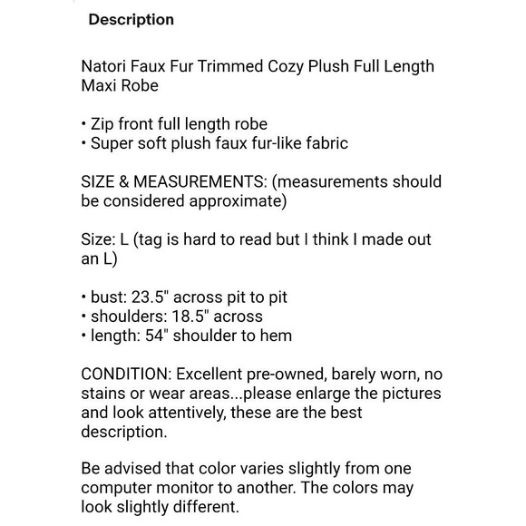 Natori Women's Faux Fur Trimmed Cozy Plush Kaftan Long Rob Size L Ivory Luxury - Picture 8 of 8